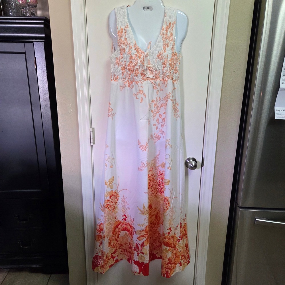 Vintage Malihini Hawaii Floral Maxi Dress Orange White Smocked Corset 70s 14 983